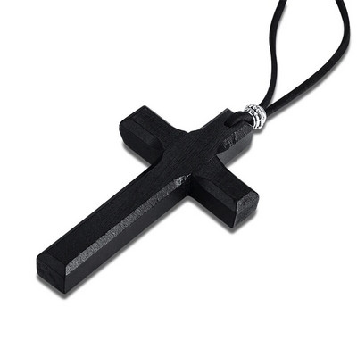 Crucifix din lemn pentru bărbați, pandantiv pe colier cu șnur