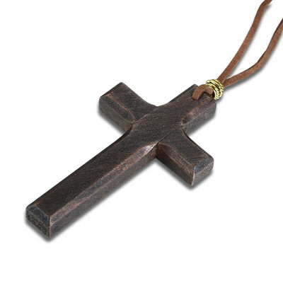 Crucifix din lemn pentru bărbați, pandantiv pe colier cu șnur