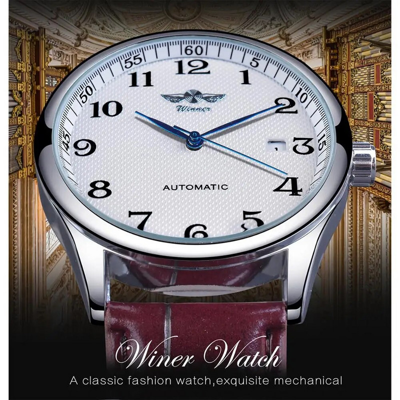 Nugalėtojas Retro klasikinio dizaino kalendorius Kasdienis diržas mėlynos rankos vyriškos mados automatiniai mechaniniai laikrodžiai Populiariausi prekės ženklo prabangūs relogai