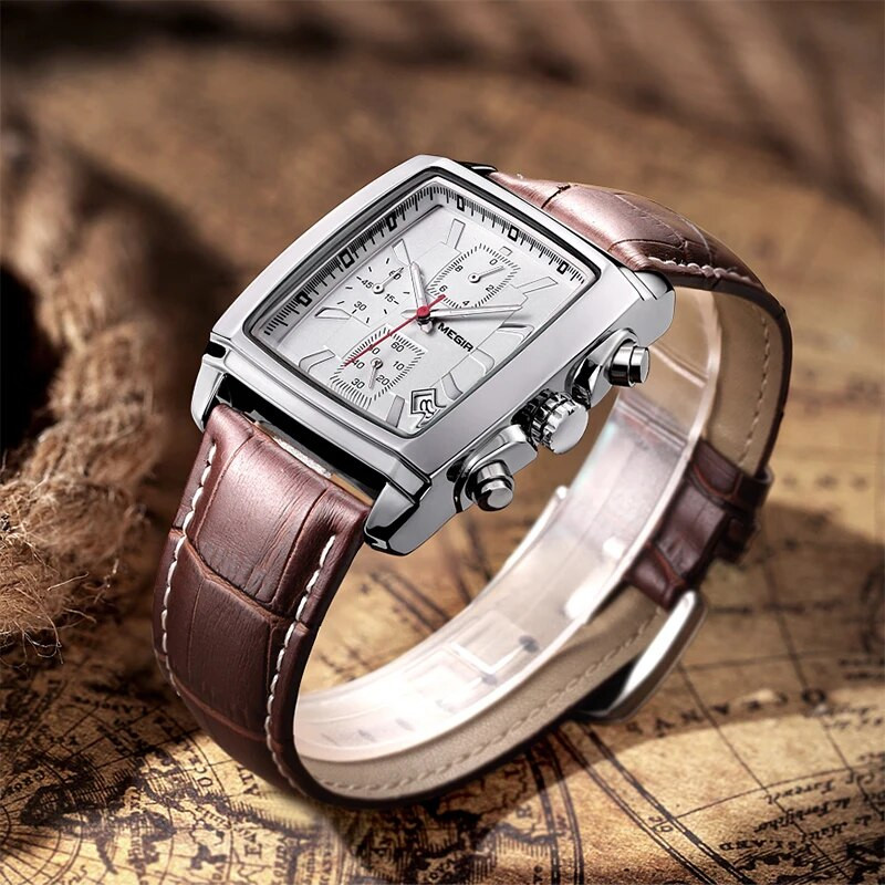 MEGIR originaalkell meeste parima kaubamärgiga luksuslik ristkülikukujuline kvarts sõjaväekellad veekindlad helendavad nahast käekellad meeste kell