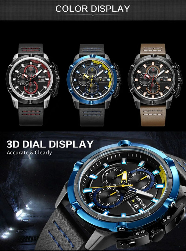 MEGIR Luksuslik meeste käekell Moodne nahast rihm Kvarts Spordikellad Kalender Veekindel vabaajakell Meeste Relogio Masculino