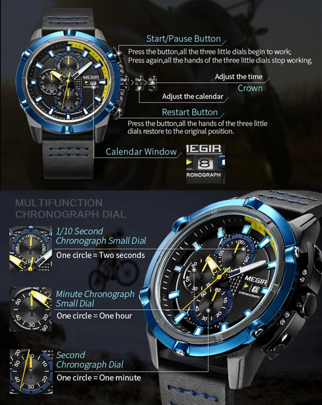 MEGIR Luksuslik meeste käekell Moodne nahast rihm Kvarts Spordikellad Kalender Veekindel vabaajakell Meeste Relogio Masculino