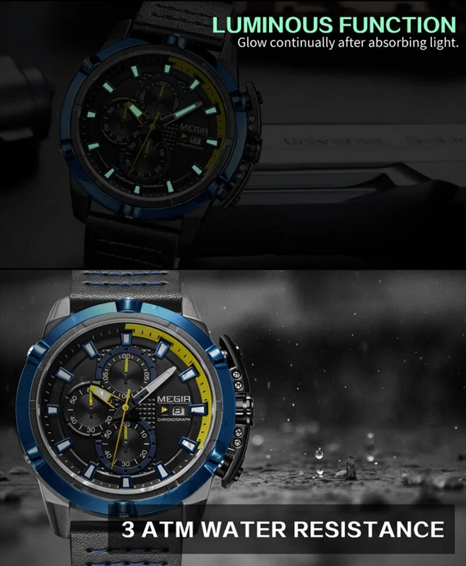 MEGIR Luksuslik meeste käekell Moodne nahast rihm Kvarts Spordikellad Kalender Veekindel vabaajakell Meeste Relogio Masculino