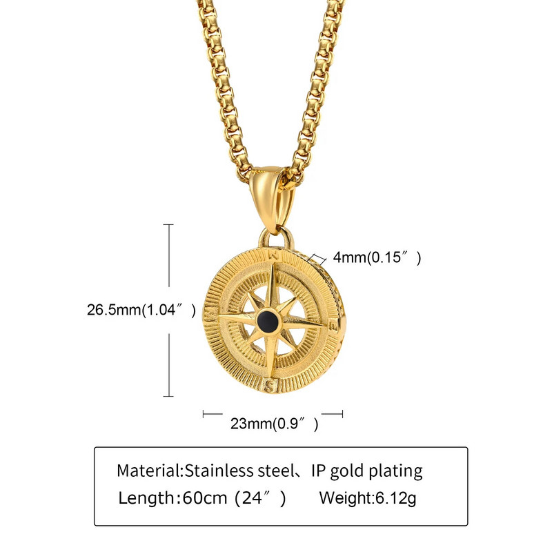 Meeste kompassi ripatsiga kaelakeed põhjatähe keskel, veekindel roostevabast terasest geomeetriline krae