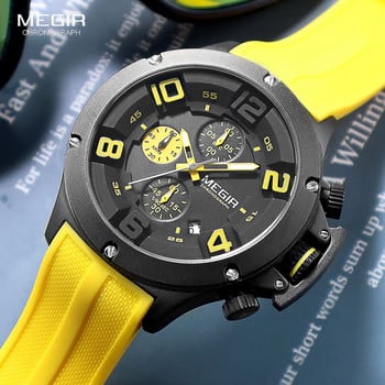 MEGIR Спортен кварцов часовник с голям циферблат за мъже, моден водоустойчив хронограф, ръчен часовник със силиконова каишка за дата, светещи стрелки 8115