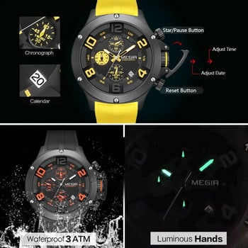 MEGIR Спортен кварцов часовник с голям циферблат за мъже, моден водоустойчив хронограф, ръчен часовник със силиконова каишка за дата, светещи стрелки 8115