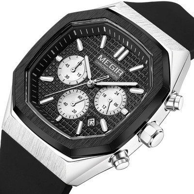 Φοιτητικό Αθλητικό Ρολόι MEGIR Ανδρικό ρολόι χειρός από χαλαζία χρονογράφο νεανικό με λουράκι σιλικόνης με φωτεινό καντράν χεριών οκτάγωνου
