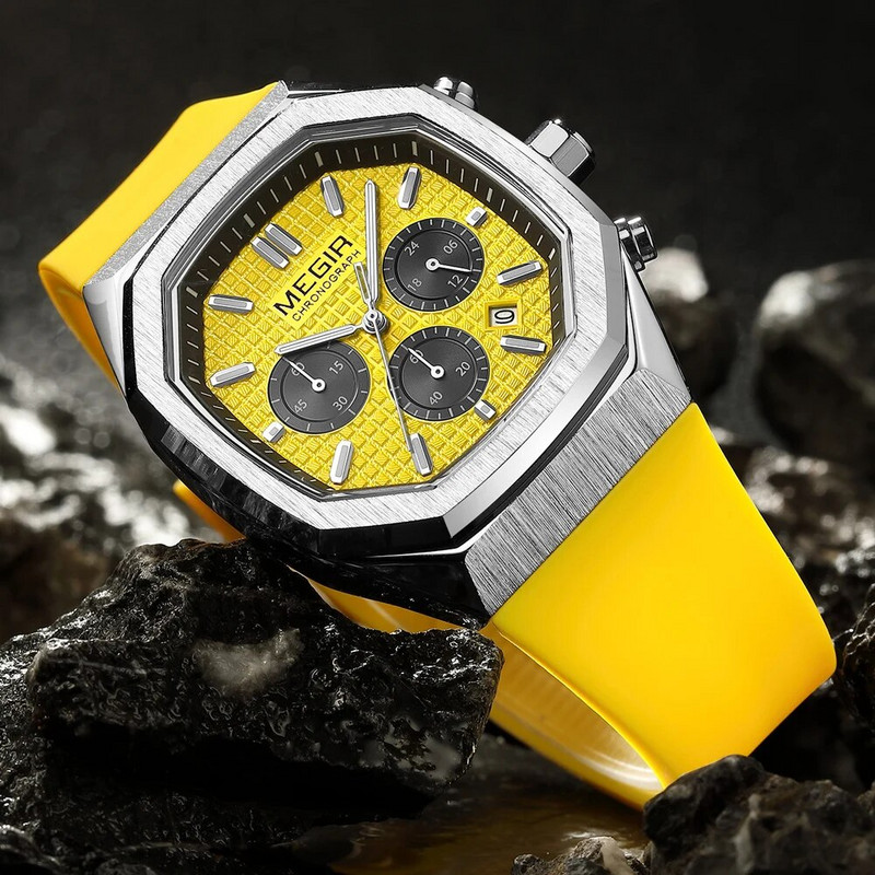 Φοιτητικό Αθλητικό Ρολόι MEGIR Ανδρικό ρολόι χειρός από χαλαζία χρονογράφο νεανικό με λουράκι σιλικόνης με φωτεινό καντράν χεριών οκτάγωνου