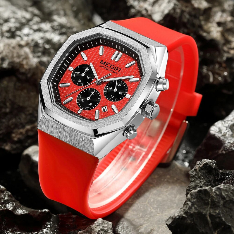 Φοιτητικό Αθλητικό Ρολόι MEGIR Ανδρικό ρολόι χειρός από χαλαζία χρονογράφο νεανικό με λουράκι σιλικόνης με φωτεινό καντράν χεριών οκτάγωνου