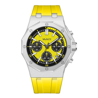 Sõjaväespordi kvartskell meestele Moodne kronograafiga veekindel käekell kollase silikoonrihmaga Automaatne 24-tunnine kuupäev