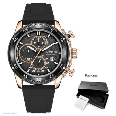 MEGIR käekell meestele Moodne silikoonist rihmaga kronograaf kvartskäekellad automaatse kuupäevaga helendavad käed 3 atm veekindel 2211