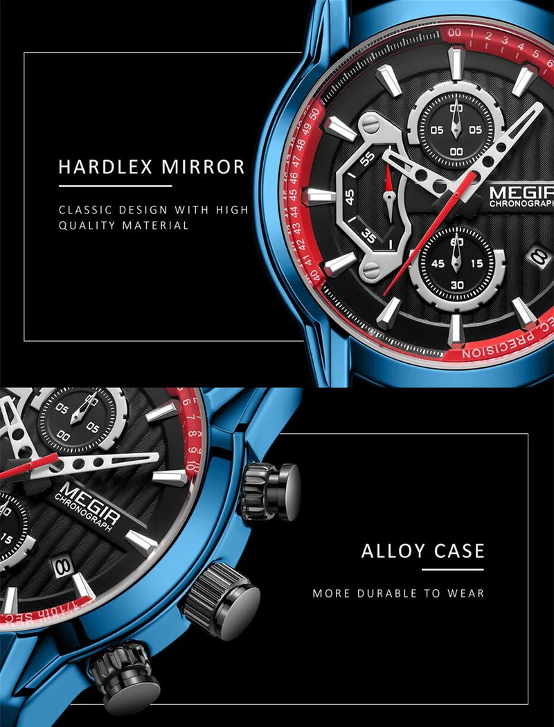 MEGIR Fashion Vyriški sportiniai laikrodžiai Chronografas Prabangus Kvarcinis Laikrodis Odinis Kasdienis rankinis laikrodis Armijos karinis laikrodis Reloj Hombre