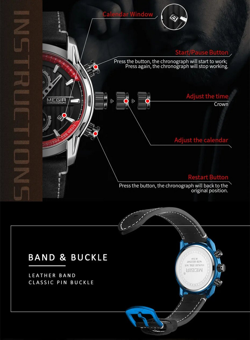 MEGIR Fashion Vyriški sportiniai laikrodžiai Chronografas Prabangus Kvarcinis Laikrodis Odinis Kasdienis rankinis laikrodis Armijos karinis laikrodis Reloj Hombre