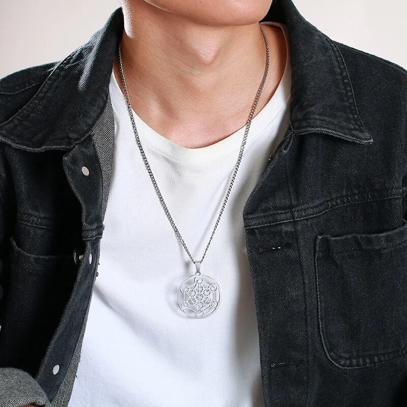 Κολιέ Vnox Metatron Cube για άνδρες Γυναικείες, Yoga Hindu Buddhism Tree of Flower Hollow μενταγιόν από ανοξείδωτο ατσάλι, αλυσίδα 24"