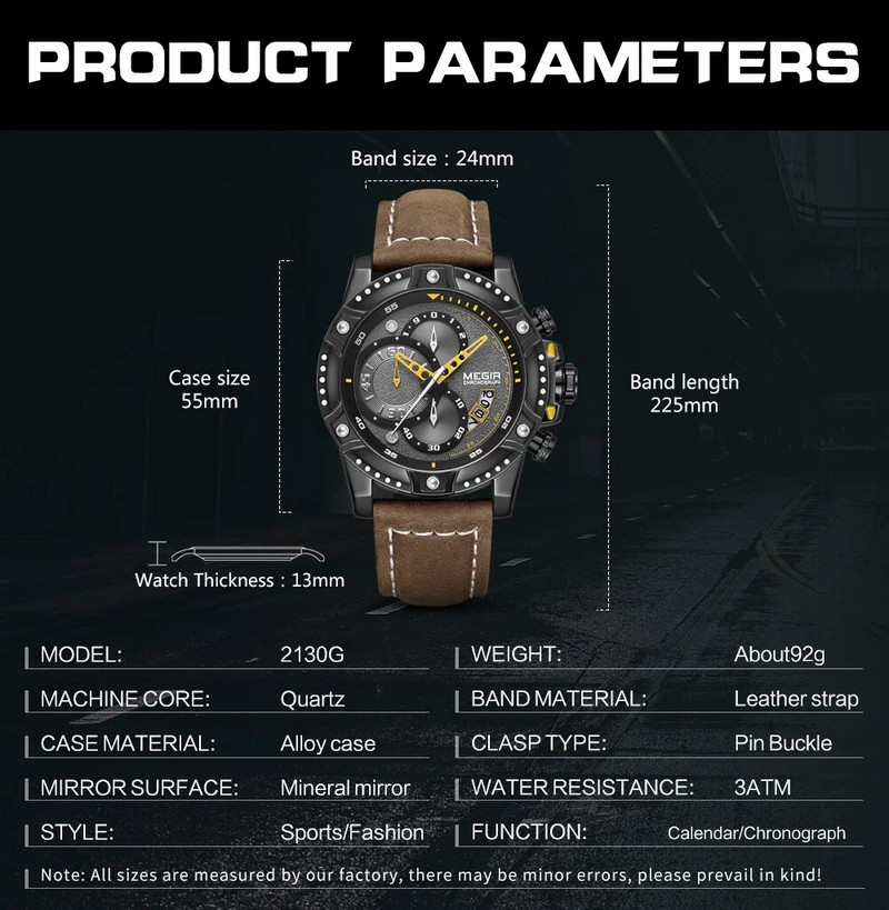 MEGIR Reloj Hombre mados vyriškas laikrodis Chronografas, odinis diržas, laisvalaikio kvarcinis rankinis laikrodis vandeniui atsparus vyriškas sportinis laikrodis Montre Homme