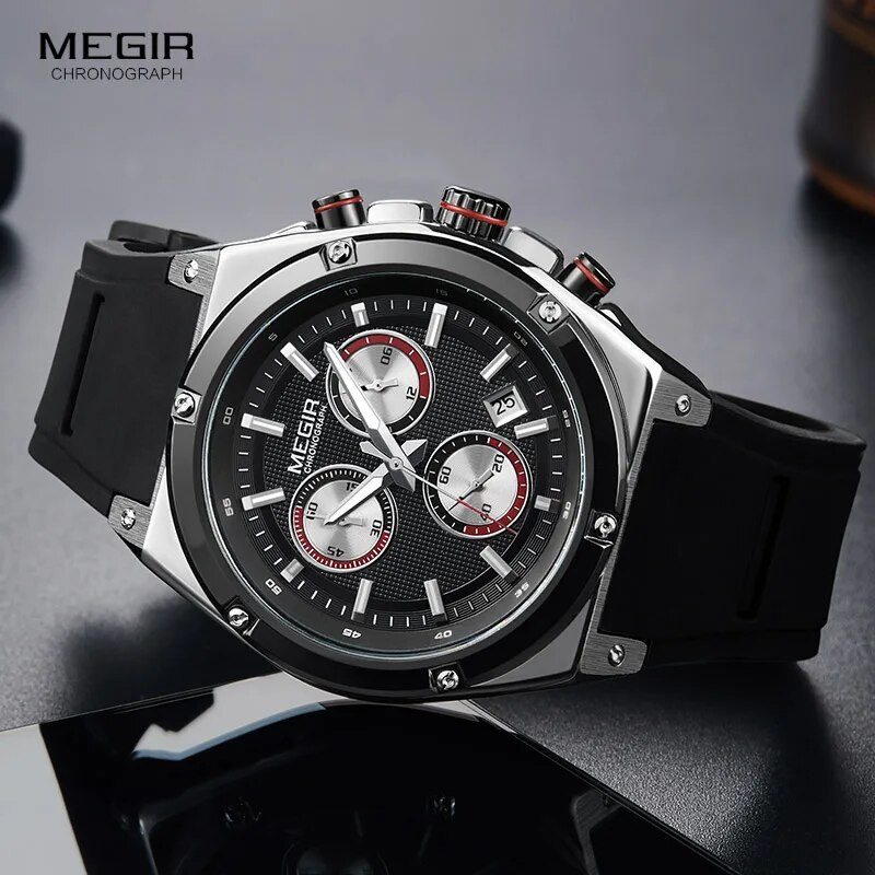 MEGIR spordikronograaf kvartsist randmekellad meestele silikoonist veekindel kell Relojios helendav Relojes Montres 2073GS-BK-1