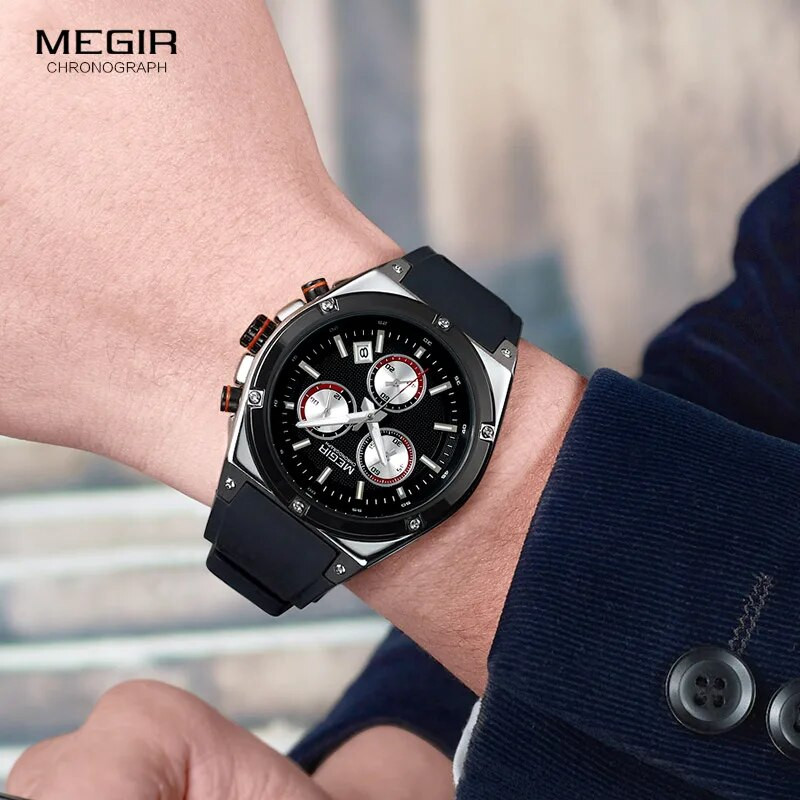 MEGIR spordikronograaf kvartsist randmekellad meestele silikoonist veekindel kell Relojios helendav Relojes Montres 2073GS-BK-1