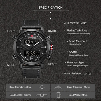 NAVIFORCE Мъжки спортни часовници Мъжки кварцов LED цифров часовник Топ марка Луксозен мъжки моден кожен водоустойчив военен ръчен часовник