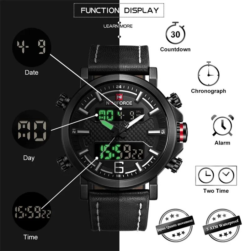 NAVIFORCE meeste spordikellad, meeste kvarts-LED-digikell, luksuslik meeste moodne nahast veekindel sõjaväe randmekell