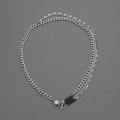 Hiphop trijų sluoksnių vyrų perlų vėrinys Punk nerūdijančio plieno kubietiška kaklo grandinėlė vyrams Rock Choker Madingi papuošalai aksesuarai