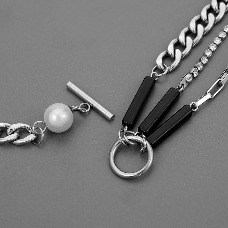 Hiphop trijų sluoksnių vyrų perlų vėrinys Punk nerūdijančio plieno kubietiška kaklo grandinėlė vyrams Rock Choker Madingi papuošalai aksesuarai