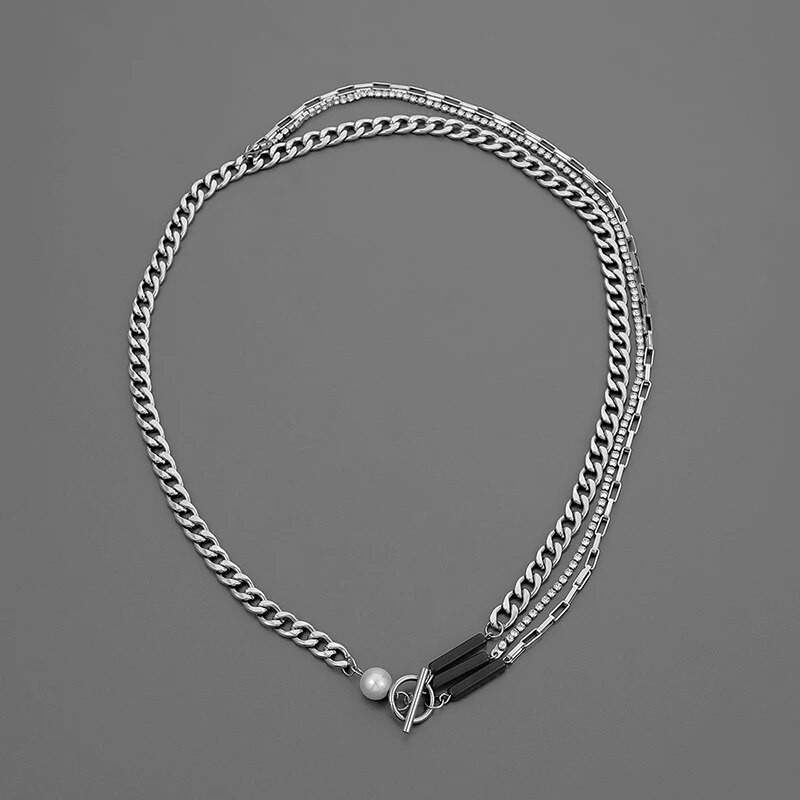 Hiphop trijų sluoksnių vyrų perlų vėrinys Punk nerūdijančio plieno kubietiška kaklo grandinėlė vyrams Rock Choker Madingi papuošalai aksesuarai