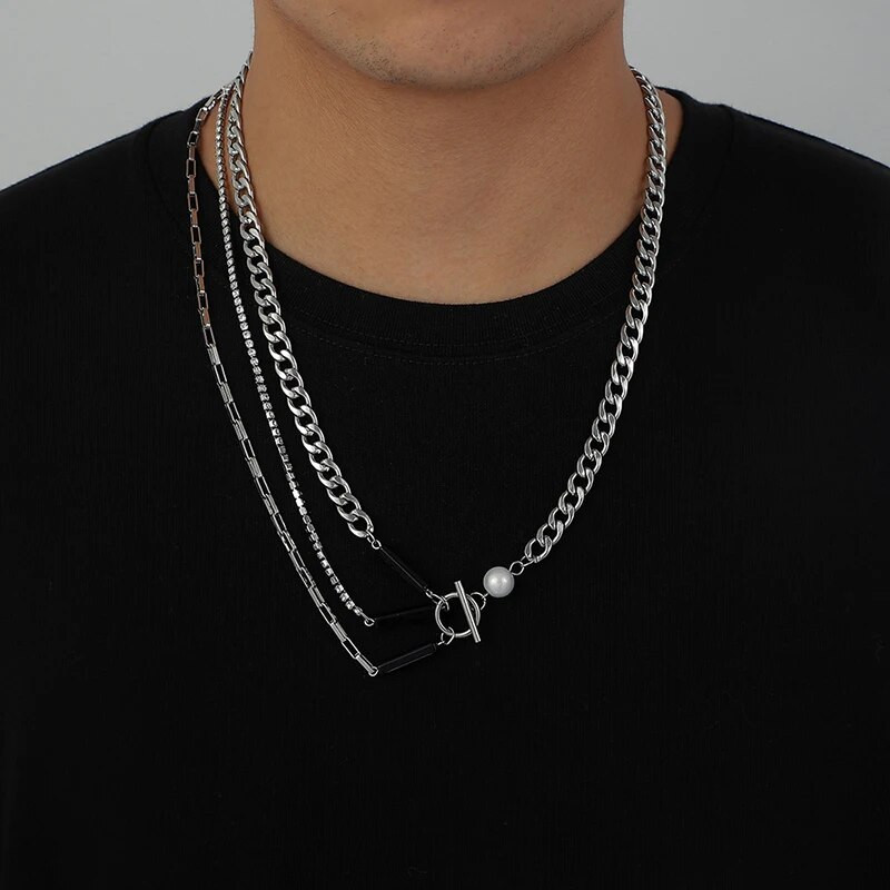 Hiphop trijų sluoksnių vyrų perlų vėrinys Punk nerūdijančio plieno kubietiška kaklo grandinėlė vyrams Rock Choker Madingi papuošalai aksesuarai