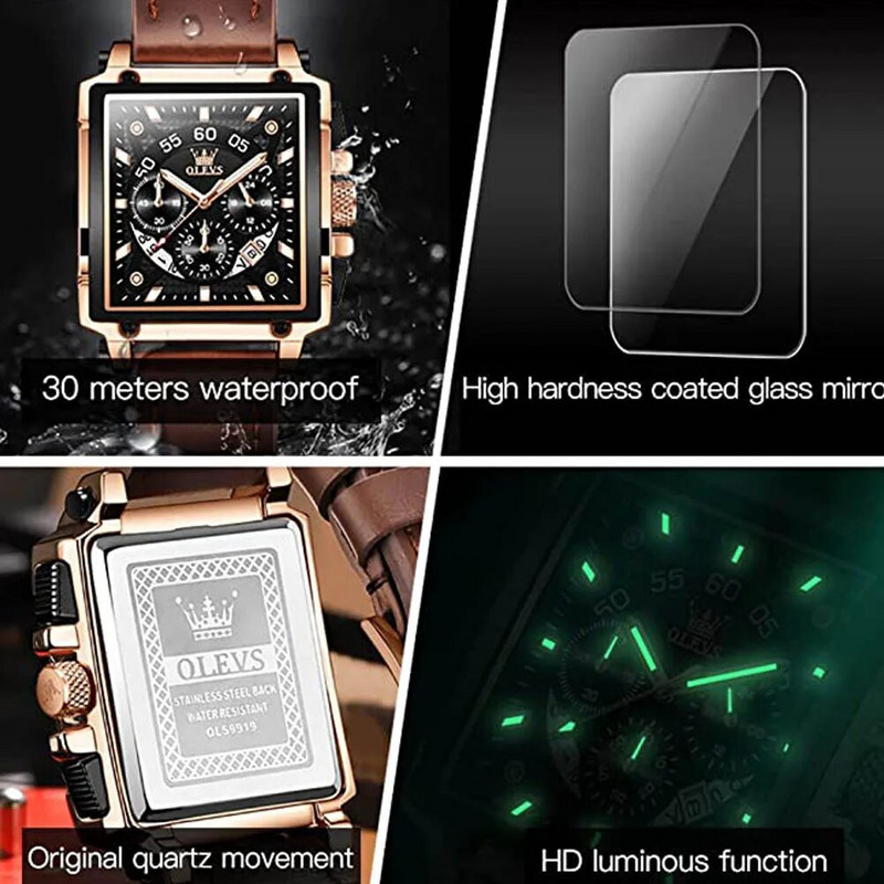 OLEVS Originaal Kell meestele Tippbränd Luksuslik Hollow Square Sport Kellad Moodne Nahast Rihm Veekindel Kvarts Käekell Kuum