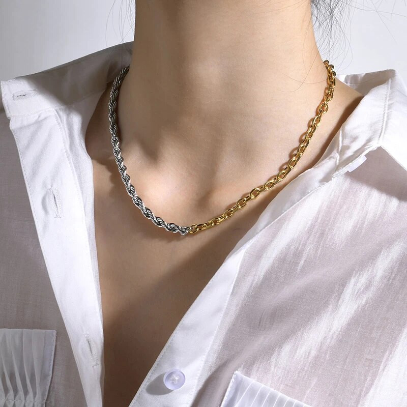 Dvigubos spalvos susuktos virvinės grandinės karoliai moterims nerūdijančio plieno mišrios jungties kaklelis kaklo apykaklės madingi papuošalai Nemokamas pristatymas