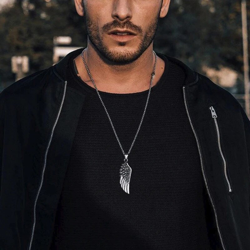 Ανδρικά κρεμαστά κολιέ, γοτθικά vintage φτερά αγγέλου μενταγιόν από φτερά από ανοξείδωτο ατσάλι. Man Jewely