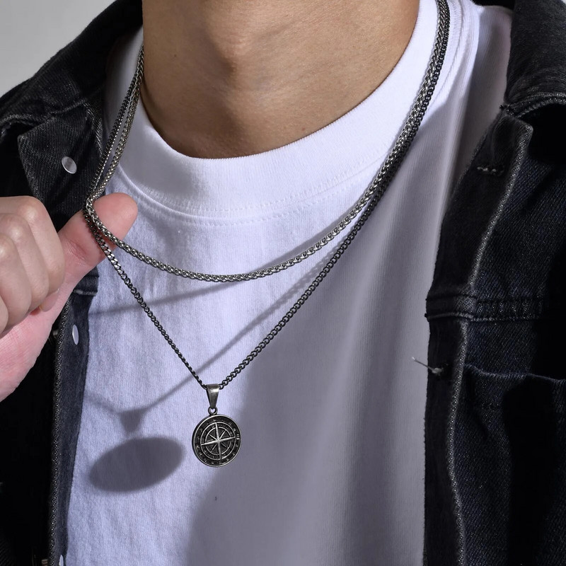 Meeste retrohõbeda värvi otsija kompassi kaelakeed, rock-punk vintage metallist roostevabast terasest ümmargune mündiripatskrae kingituseks ehted