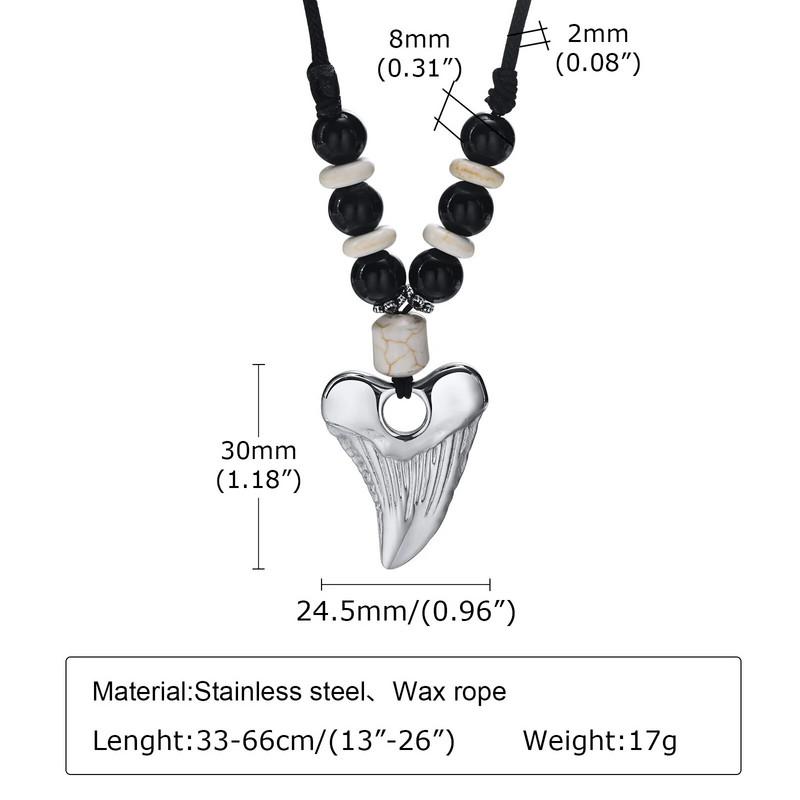 Vnox Cool Fashion ryklio dantų karoliai vyrams berniukui, nerūdijančio plieno gyvūnų dantų pakabukas, reguliuojama juoda grandinėlė