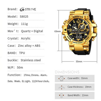 Нов часовник STRYVE за мъжки цифрово-аналогов светещ календар с двойно движение, водоустойчив часовник, моден мъжки спортен часовник 8025