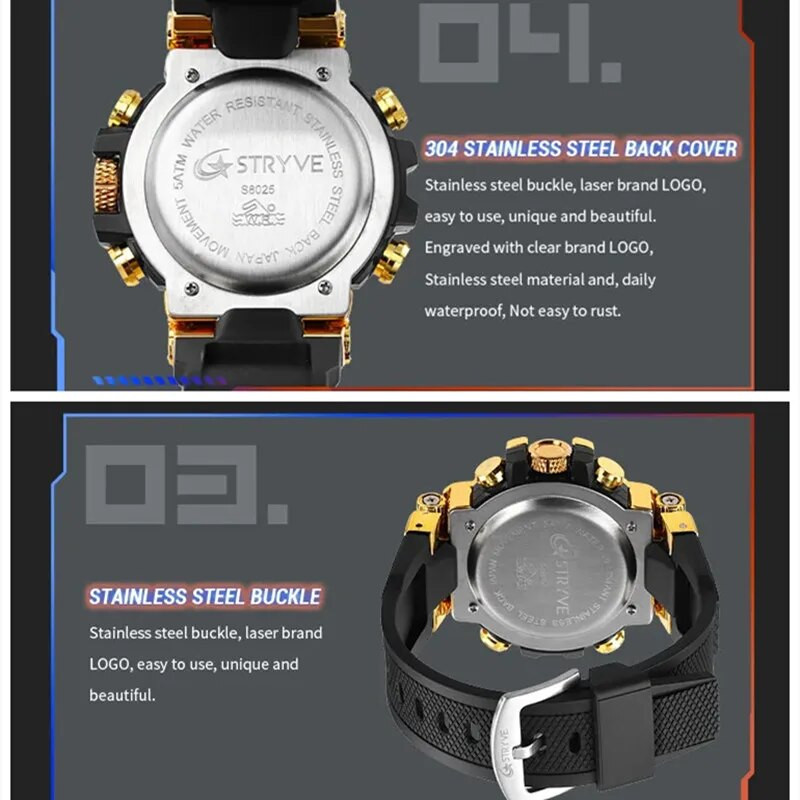 Νέο ρολόι STRYVE για Ανδρικό Ψηφιακό-Αναλογικό Φωτεινό Ημερολόγιο Αδιάβροχα Ρολόγια Μόδα Ανδρικό Αθλητικό Ρολόι 8025