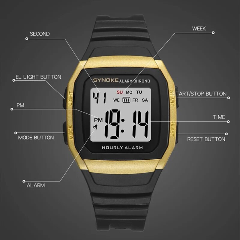 SYNOKE must digikell meestele LED helendav kronograafi käekellad nädala äratus elektrooniline kell reloj hombre klassikaline käekell