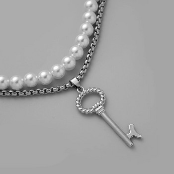Ανδρικό μενταγιόν με κλειδί Hiphop διπλό στρώμα μαργαριταρένιο κολιέ πανκ αλυσίδα λαιμού από ανοξείδωτο ατσάλι για ανδρικά τσόκερ αξεσουάρ μόδας κοσμήματα