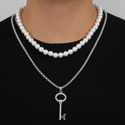 Hiphop dvisluoksnis vyriškas raktas pakabukas perlų vėrinys Punk nerūdijančio plieno kaklo grandinėlė vyrams Choker madingi papuošalai aksesuarai