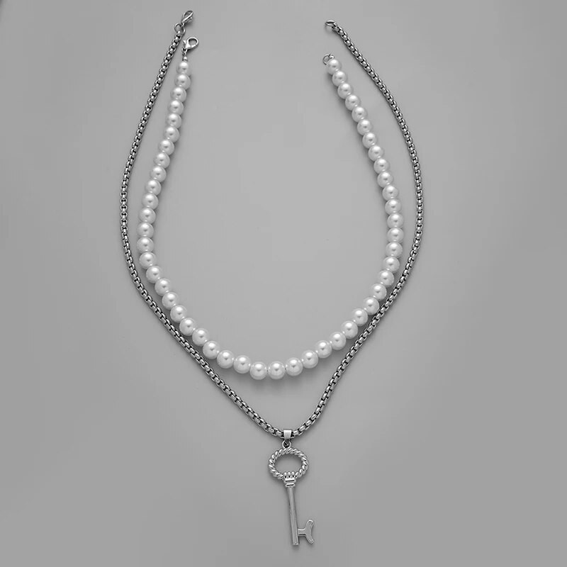 Hiphop dvisluoksnis vyriškas raktas pakabukas perlų vėrinys Punk nerūdijančio plieno kaklo grandinėlė vyrams Choker madingi papuošalai aksesuarai