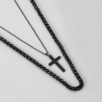 Мъжко двуслойно колие с висулка с кръст от неръждаема стомана Черна верига за врата Choker за мъже Християнски модни аксесоари за бижута