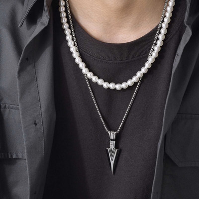 „Rock Punk“ nerūdijančio plieno „Arrowhead Primal“ karoliai vyrams „Tibal Spearhead“ banglenčių papuošalai su 8 mm imituojančia perlų grandinės apykakle