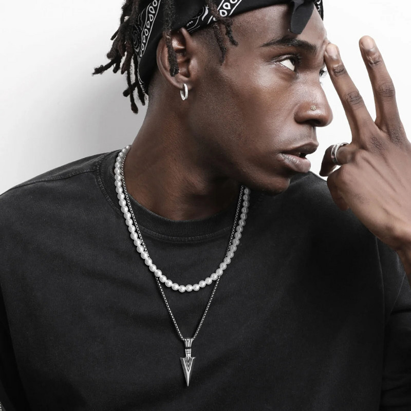 „Rock Punk“ nerūdijančio plieno „Arrowhead Primal“ karoliai vyrams „Tibal Spearhead“ banglenčių papuošalai su 8 mm imituojančia perlų grandinės apykakle