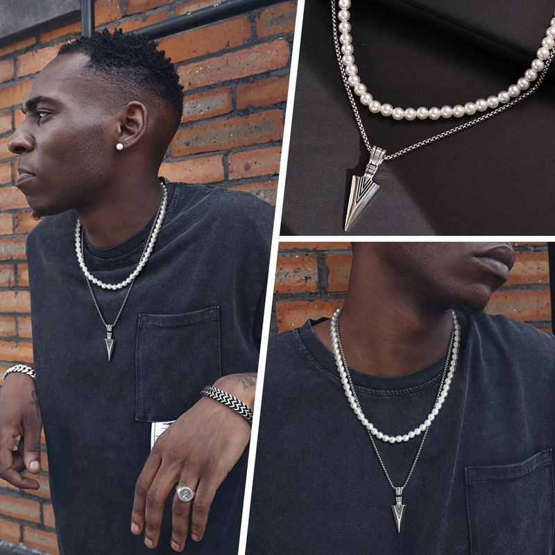 „Rock Punk“ nerūdijančio plieno „Arrowhead Primal“ karoliai vyrams „Tibal Spearhead“ banglenčių papuošalai su 8 mm imituojančia perlų grandinės apykakle