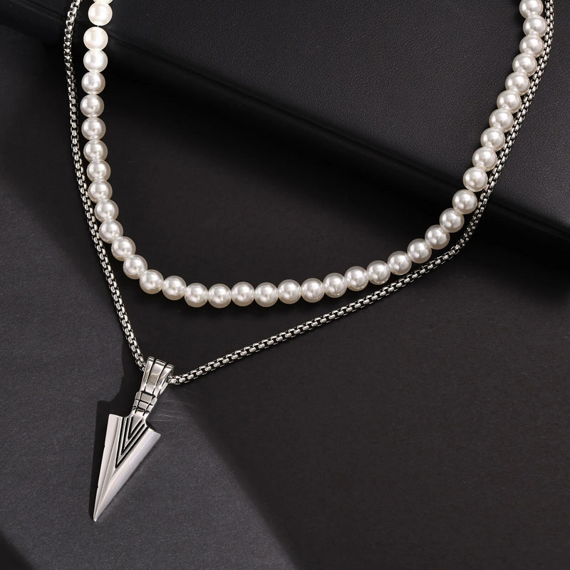 „Rock Punk“ nerūdijančio plieno „Arrowhead Primal“ karoliai vyrams „Tibal Spearhead“ banglenčių papuošalai su 8 mm imituojančia perlų grandinės apykakle