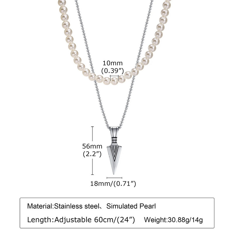 „Rock Punk“ nerūdijančio plieno „Arrowhead Primal“ karoliai vyrams „Tibal Spearhead“ banglenčių papuošalai su 8 mm imituojančia perlų grandinės apykakle