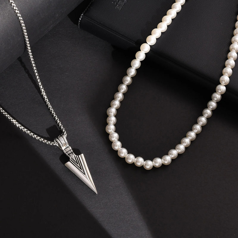 „Rock Punk“ nerūdijančio plieno „Arrowhead Primal“ karoliai vyrams „Tibal Spearhead“ banglenčių papuošalai su 8 mm imituojančia perlų grandinės apykakle