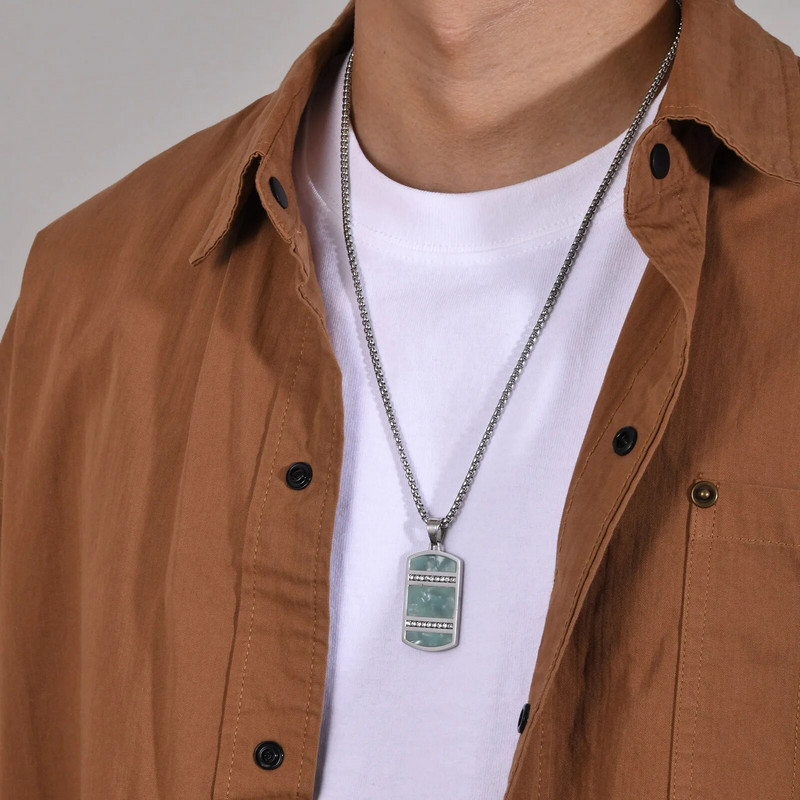 Mprainbow Dog Tag karoliai vyrams su CZ akmens inkrustacija, kinų tradicijos žalsvai mėlynos spalvos akmens kvadratinės geometrinės pakabuko apykaklės dovanos