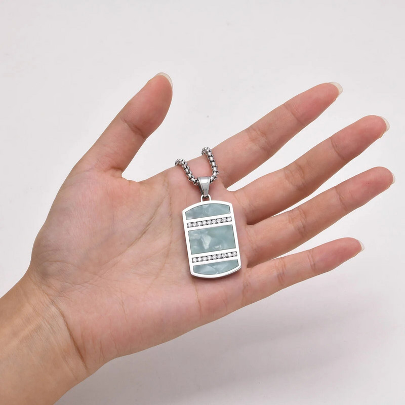 Mprainbow Dog Tag karoliai vyrams su CZ akmens inkrustacija, kinų tradicijos žalsvai mėlynos spalvos akmens kvadratinės geometrinės pakabuko apykaklės dovanos