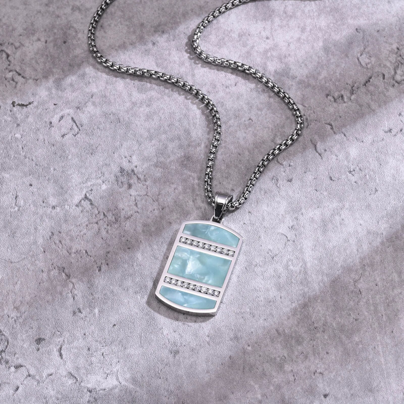 Mprainbow Dog Tag karoliai vyrams su CZ akmens inkrustacija, kinų tradicijos žalsvai mėlynos spalvos akmens kvadratinės geometrinės pakabuko apykaklės dovanos