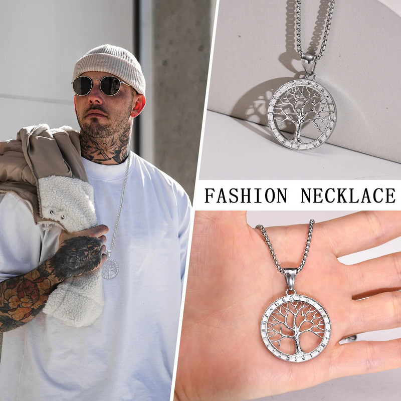 Κολιέ Vnox Stylish Family Tree of Life ανδρικά, Αντιαλλεργικό ανοξείδωτο μενταγιόν Norse Viking, Box Chain 50/55/60/70cm