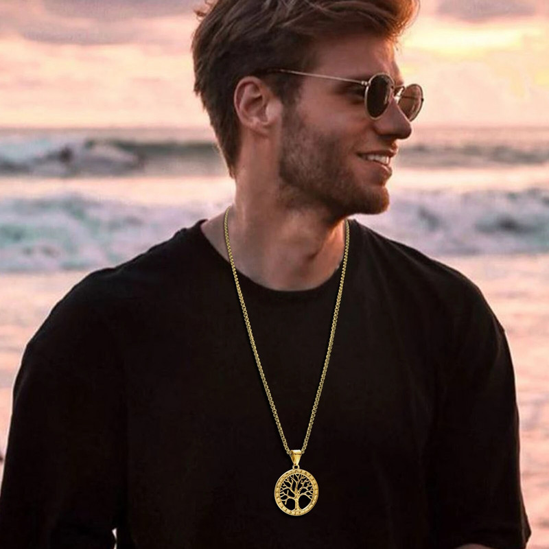 Κολιέ Vnox Stylish Family Tree of Life ανδρικά, Αντιαλλεργικό ανοξείδωτο μενταγιόν Norse Viking, Box Chain 50/55/60/70cm